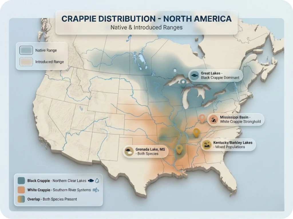 North American range map showing native and introduced distributions of black crappie and white crappie with overlapping color zones and landmark water bodies labeled.