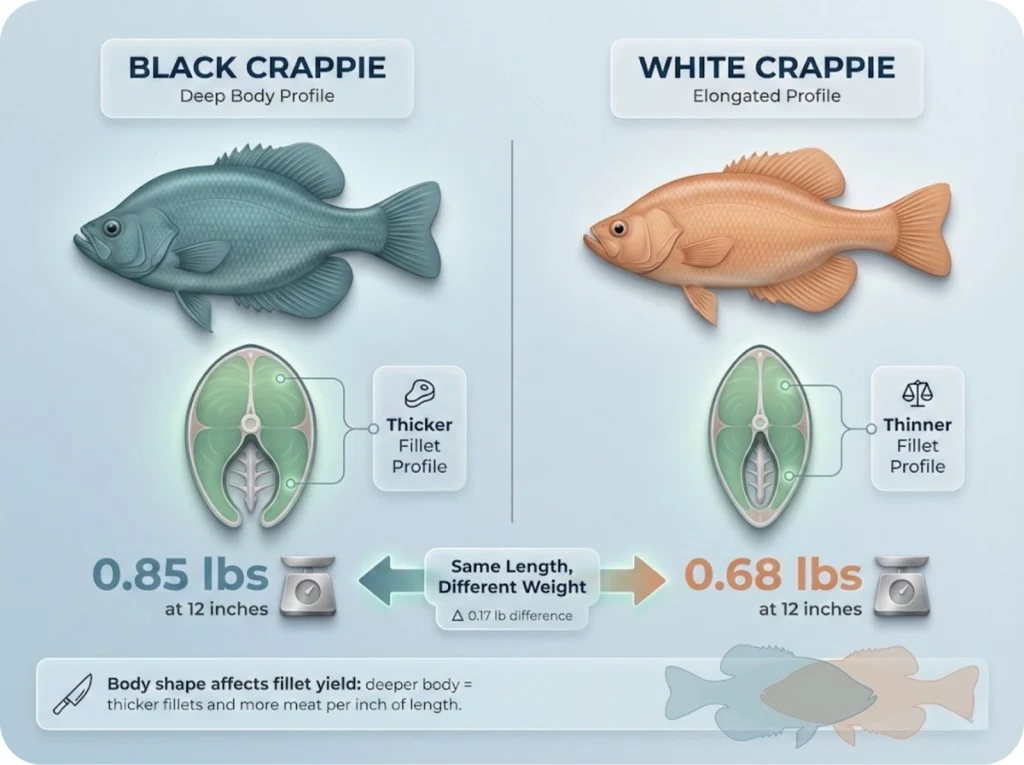 Cross-section comparison of black crappie versus white crappie fillet profiles showing how body shape affects fillet thickness and weight at equal lengths.