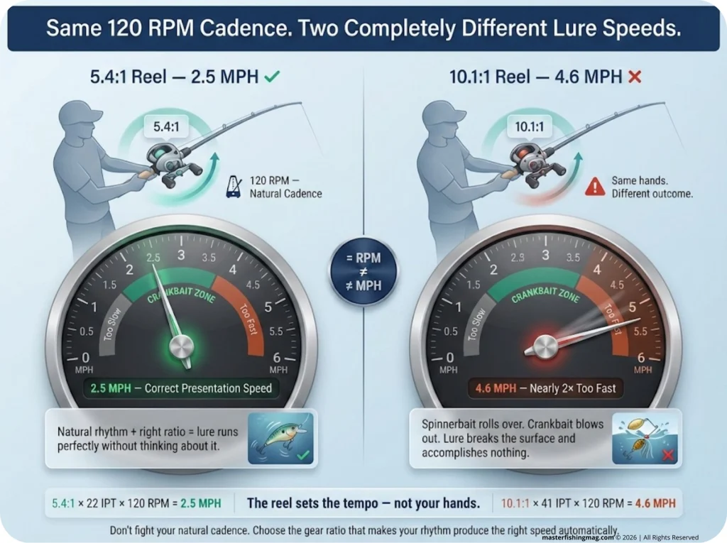 Side-by-side infographic showing two anglers cranking at the same 120 RPM cadence — a 5.4:1 reel producing 2.5 MPH correct crankbait speed versus a 10.1:1 reel producing 4.6 MPH too-fast speed, with speedometer-style gauges.
