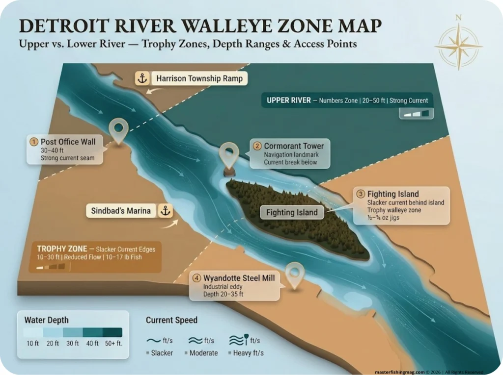 Detroit River walleye fishing zone map with Upper and Lower River sections, named waypoints, depth ranges, current speed indicators, and boat ramp locations for trophy and numbers fishing.