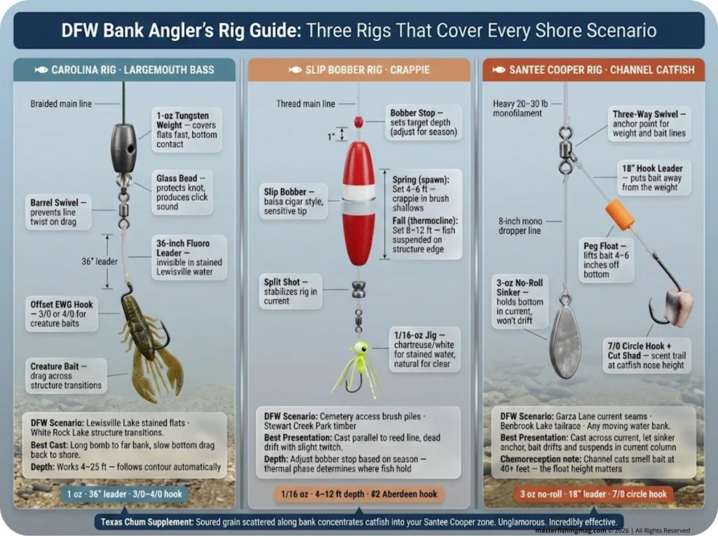 DFW bank angler rig guide infographic showing three illustrated fishing rigs side by side — Carolina Rig for bass, Slip Bobber with jig for crappie, and Santee Cooper Rig for catfish — with labeled components, weights, leader lengths, and scenario callouts.