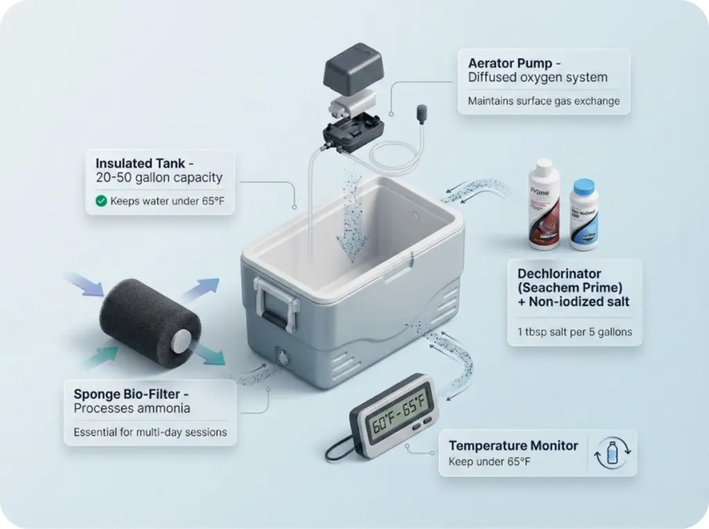 Exploded diagram of DIY bait tank system showing tank, aerator pump, sponge bio-filter, water treatment products, and temperature monitoring with specifications.