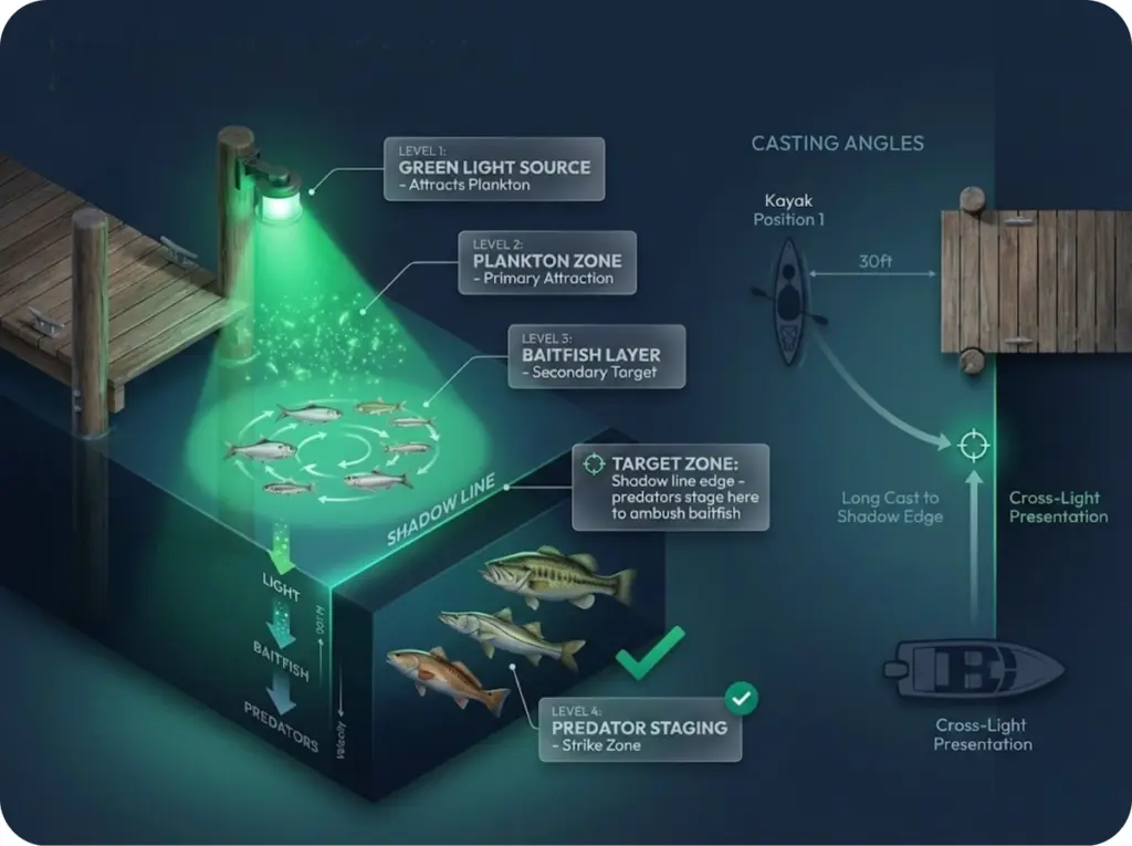 Dock light fishing food chain diagram showing green light attracting plankton, baitfish, and predators with optimal casting angles from boat positions.