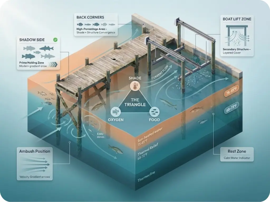 Cross-section diagram of fishing dock showing thermal zones, piling positions, current breaks, and prime fish holding locations in the shade-oxygen-food triangle.