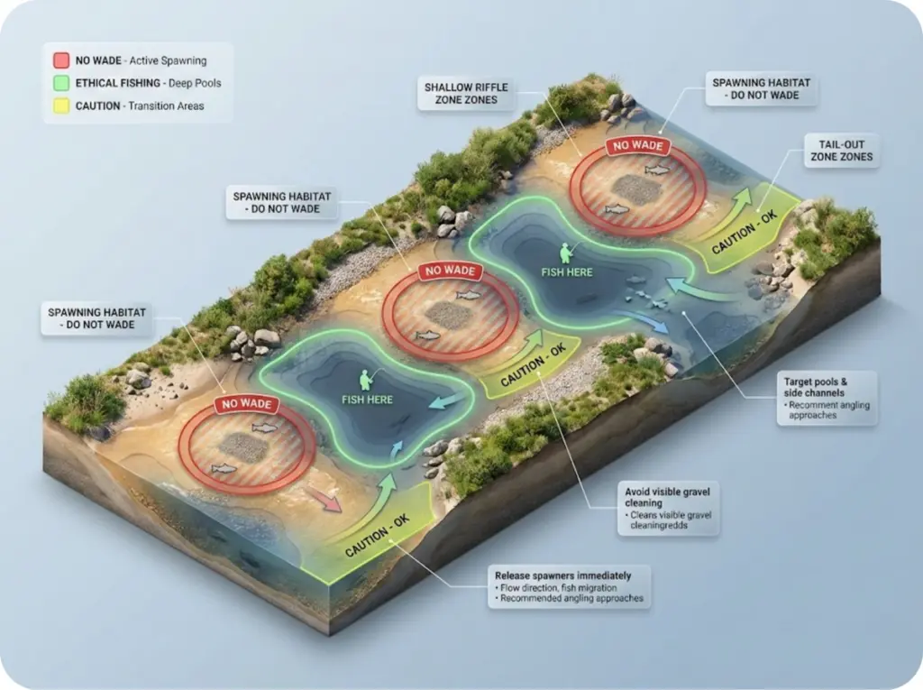 Overhead river diagram showing spawning redd locations in shallow riffles marked as no-wade zones versus ethical fishing areas in deeper pools and side channels.