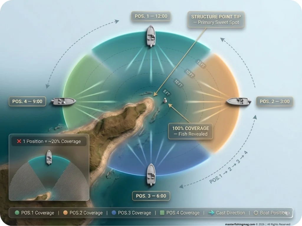 Bird's-eye infographic showing 4 boat positions (12, 3, 6, 9 o'clock) around a fishing point with color-coded fan-cast arcs covering 100% vs. a single position's 20% coverage.