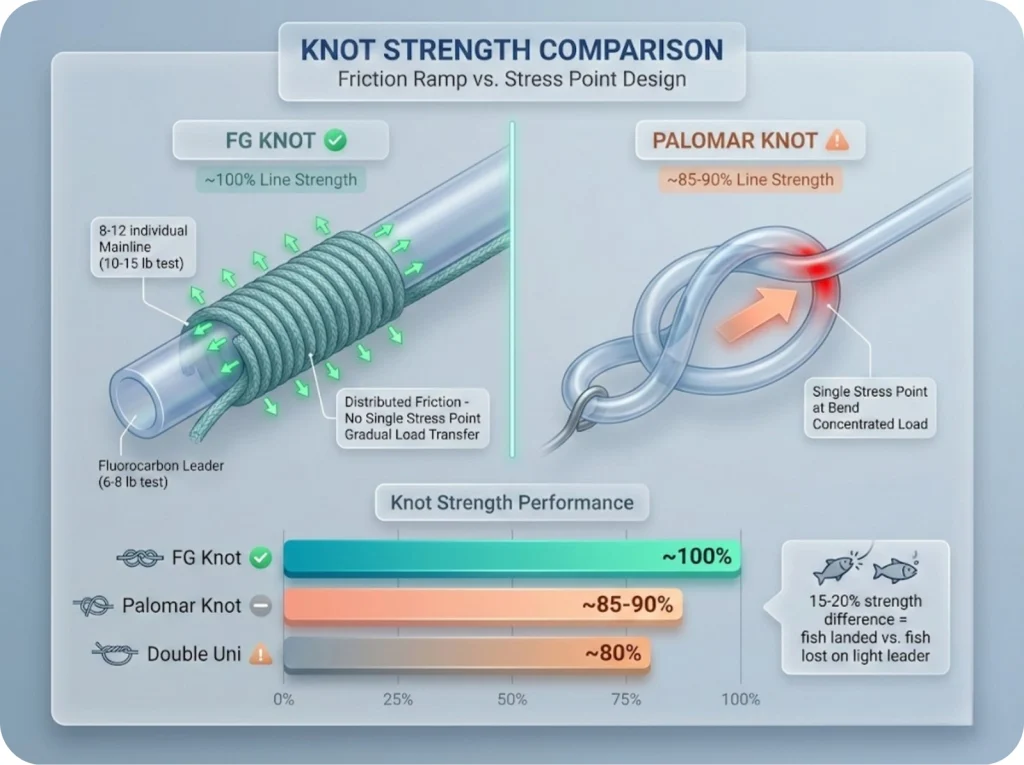 Cross-section comparison of FG Knot friction ramp versus Palomar knot stress point, with knot strength performance bar chart showing percentage ratings.