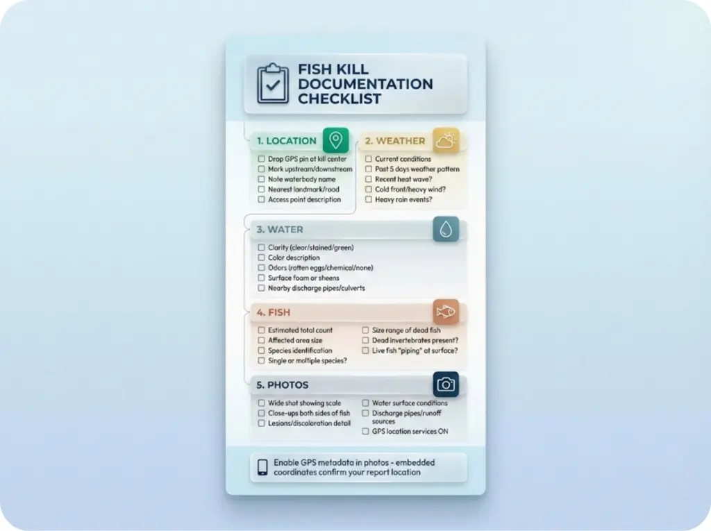 Pocket-sized field documentation checklist for fish kill reporting organized by location, weather, water, fish, and photo categories.