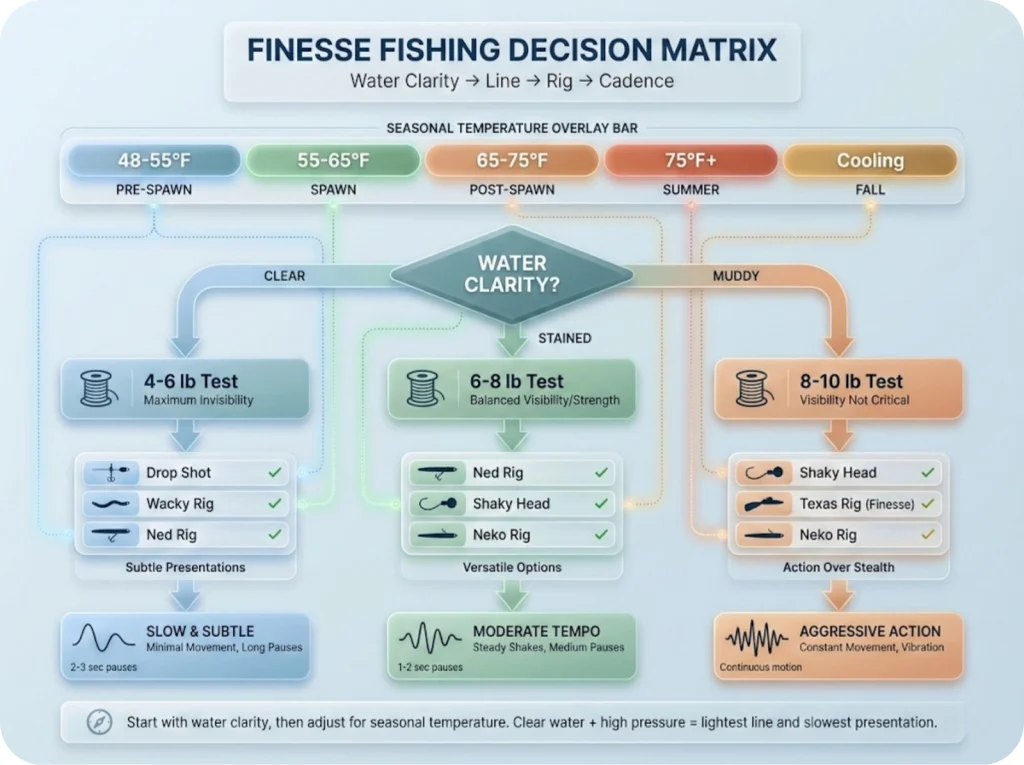 Decision matrix flowchart for finesse fishing showing water clarity branches leading to line weight, rig selection, and retrieval cadence with seasonal temperature overlay.