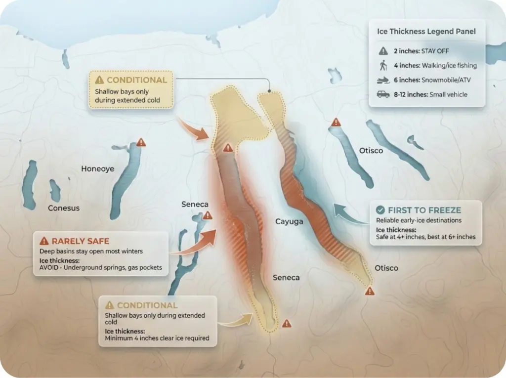 Top-down map of Finger Lakes showing ice fishing safety zones with color-coded areas for rarely safe deep basins, conditional shallow ends, and first-to-freeze lakes with ice thickness recommendations.
