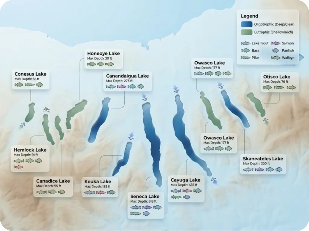 Illustrated map of all 11 Finger Lakes showing maximum depths, primary fish species icons, and trophic classification with color-coded oligotrophic and eutrophic lakes.