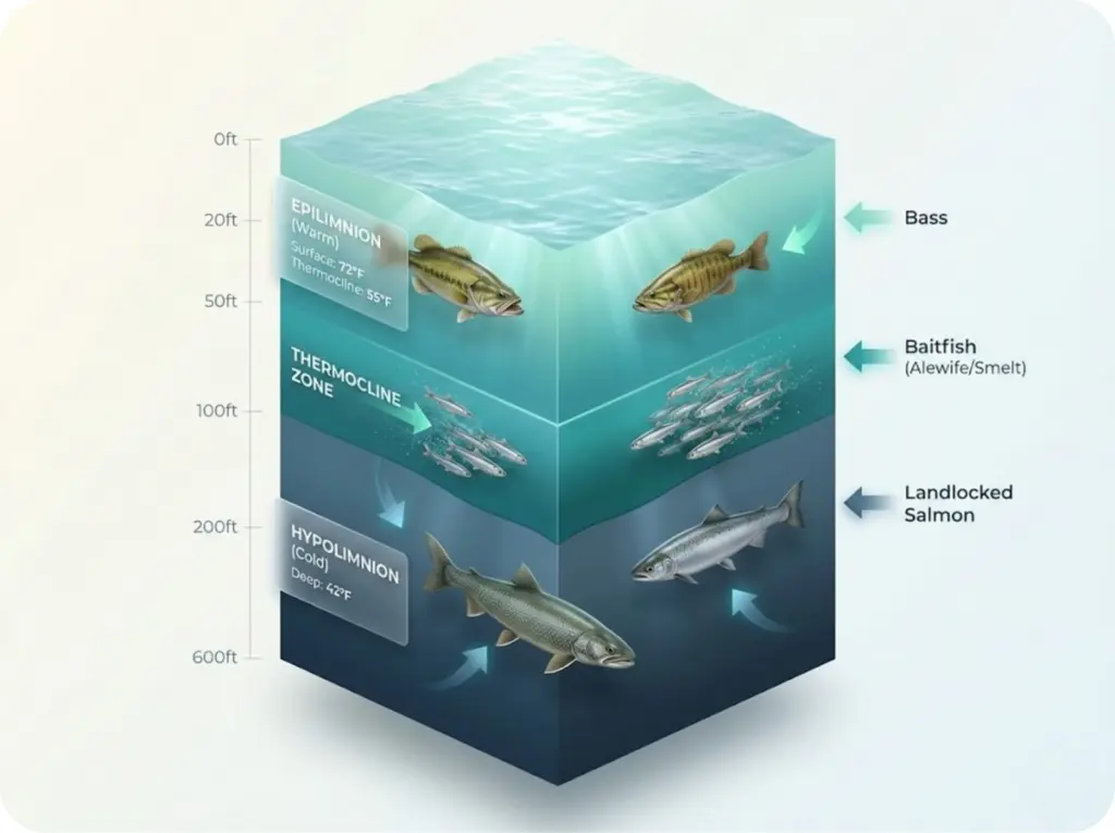 Cross-section diagram of Finger Lakes two-story fishery showing temperature stratification layers with bass in warm epilimnion, baitfish at thermocline, and lake trout in cold hypolimnion.