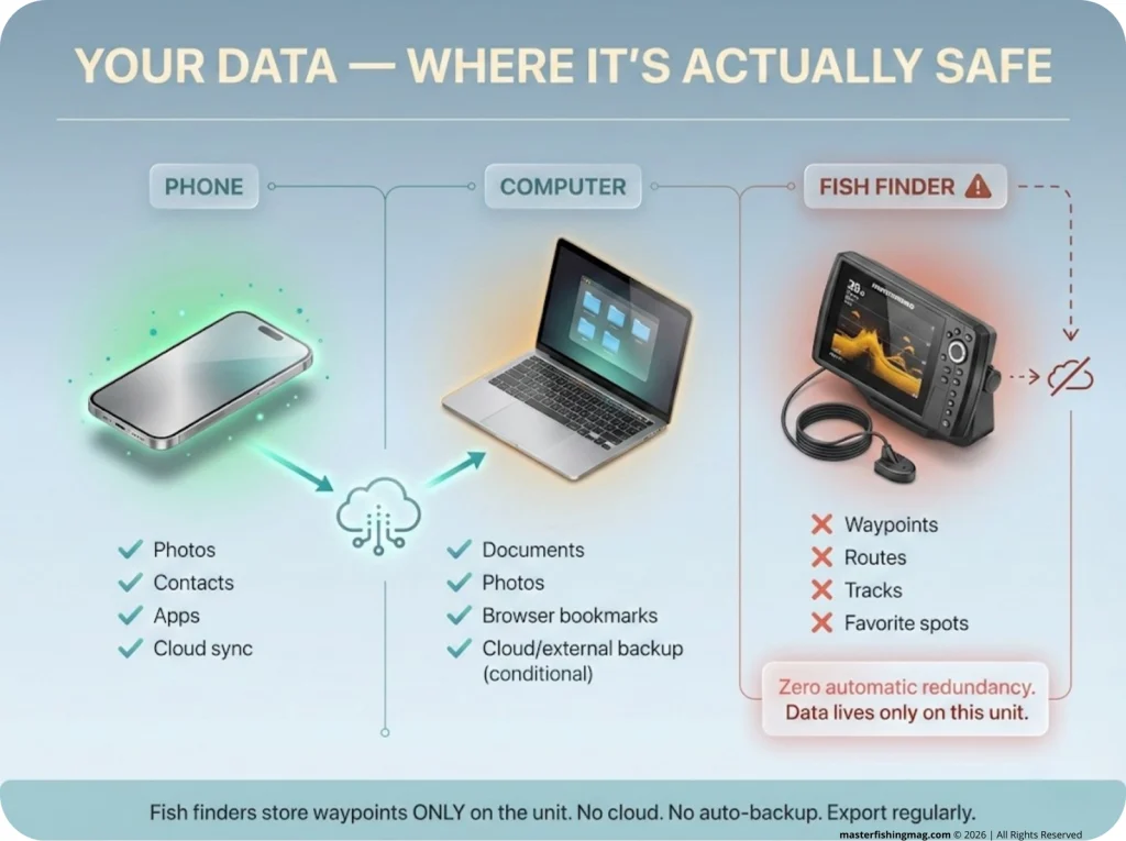 Side-by-side comparison infographic showing what data IS and ISN'T automatically backed up on phones, computers, and fish finders, with fish finders highlighted as having zero automatic redundancy.