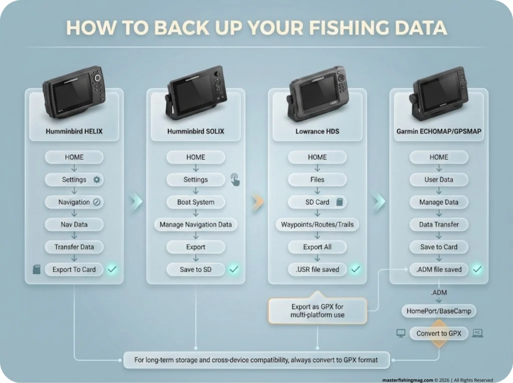 Flowchart infographic showing exact backup menu navigation paths for Humminbird HELIX, Humminbird SOLIX, Lowrance HDS, and Garmin ECHOMAP fish finder units.
