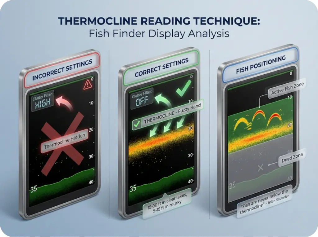 Three-panel fish finder display comparison showing incorrect filtered settings, correct thermocline visibility, and fish arches positioned above the fuzzy band.