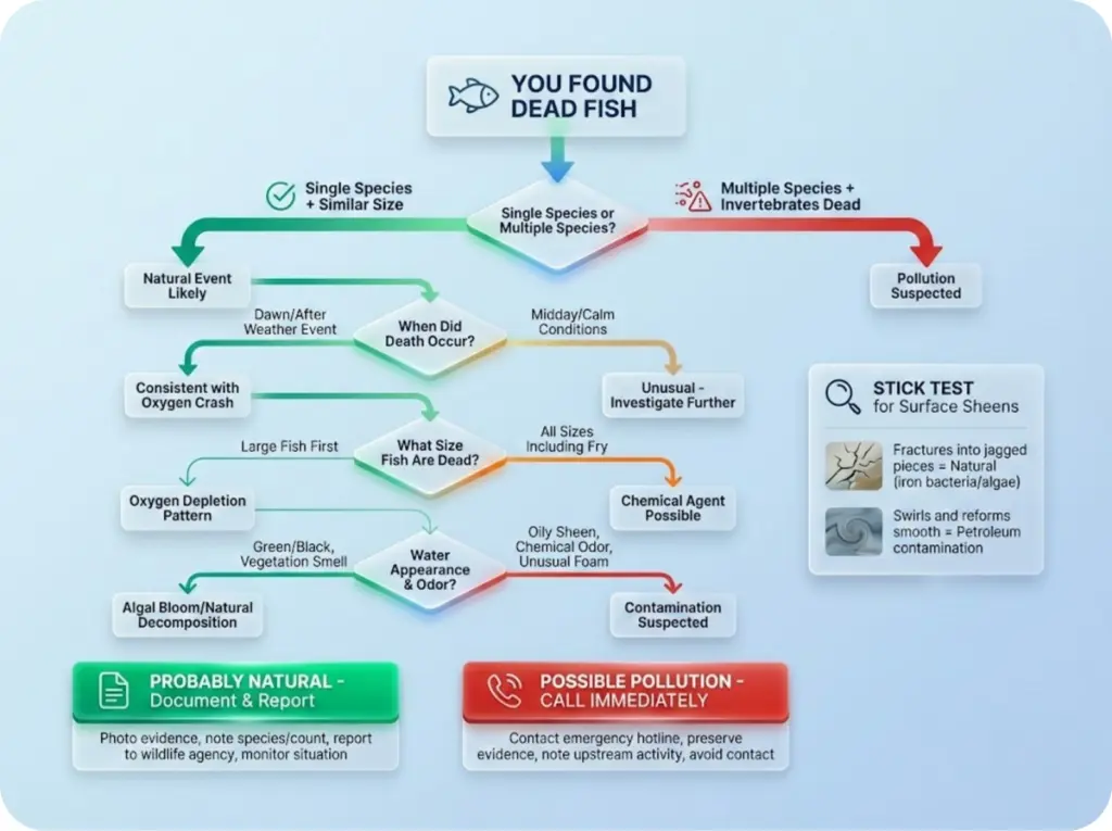 Angler's decision tree flowchart for diagnosing fish kills, branching from initial discovery through diagnostic questions to natural or pollution determination.
