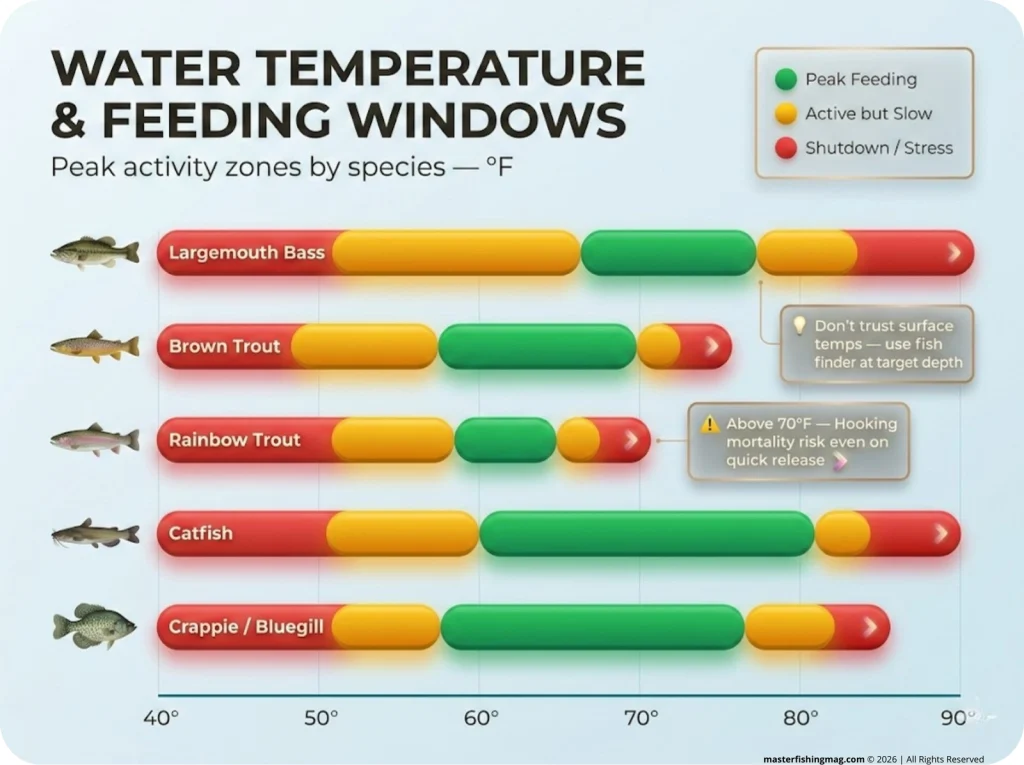 Horizontal bar chart infographic showing optimal water temperature ranges for bass, trout, catfish, crappie, and bluegill with green peak feeding, yellow active, and red stress zones in °F.