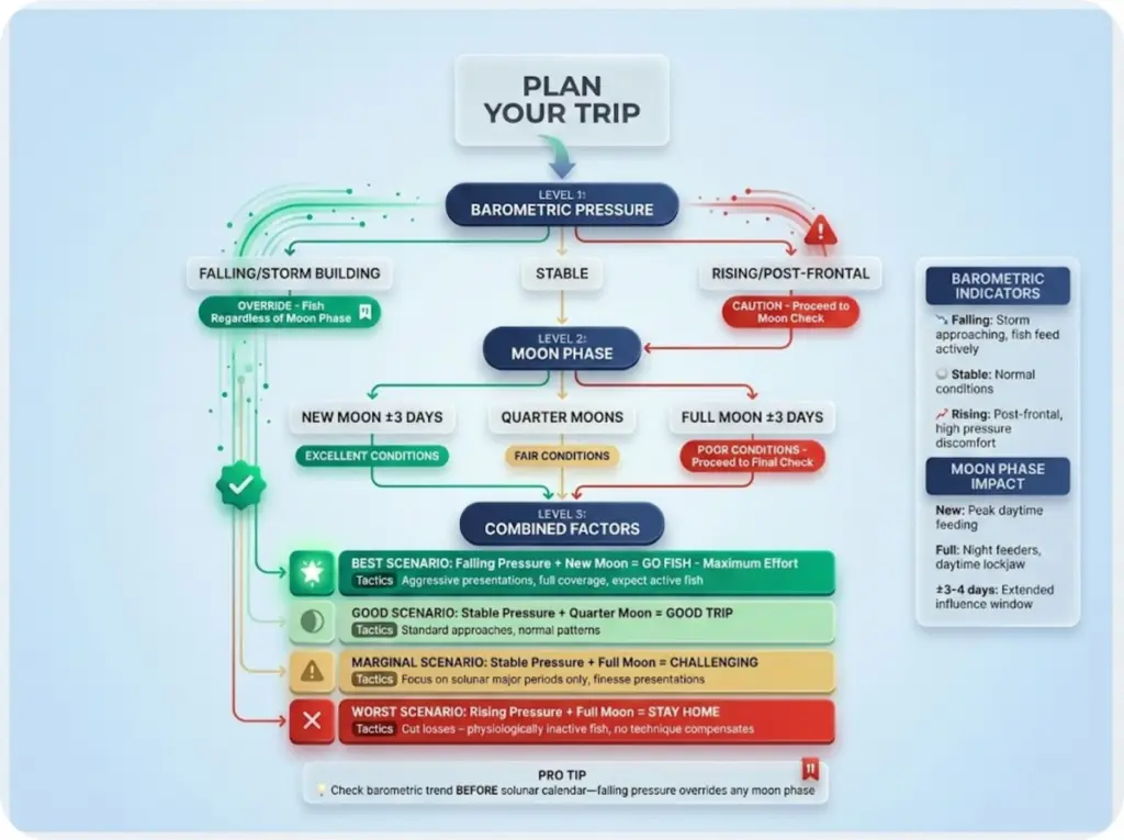 Decision flowchart for evaluating moon phase, barometric pressure, and weather conditions to predict fishing quality and select appropriate tactics.