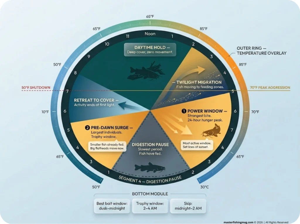 24-hour diel activity timeline infographic for flathead catfish showing daytime cover, twilight migration, two power feeding windows, digestion pause, and dawn retreat with temperature overlays.