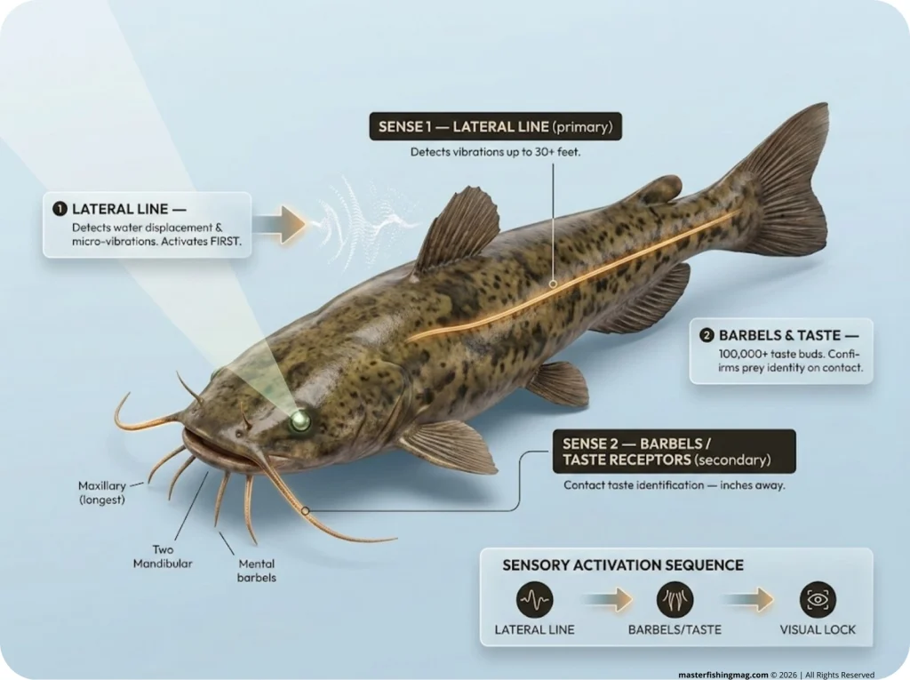 Anatomical infographic of a flathead catfish showing sensory hierarchy: lateral line, barbels/taste receptors, and low-light vision with detection range estimates for each sense.