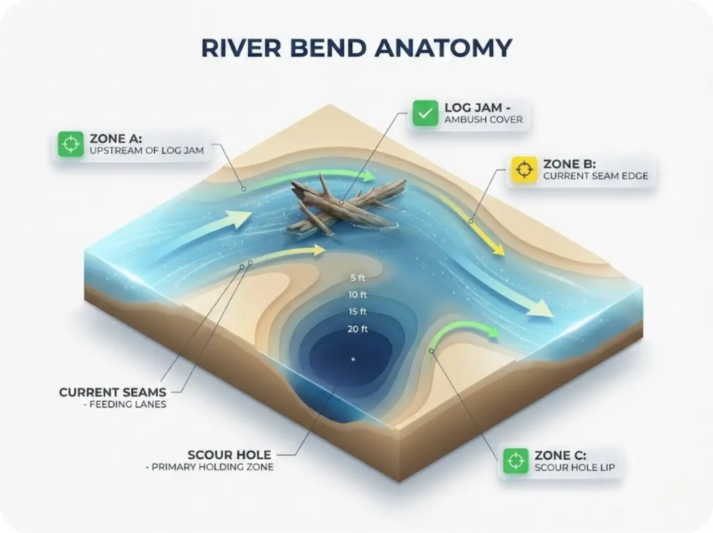 Overhead river diagram showing flathead-holding bend anatomy with scour hole, log jam, current seams, and optimal bait placement zones.