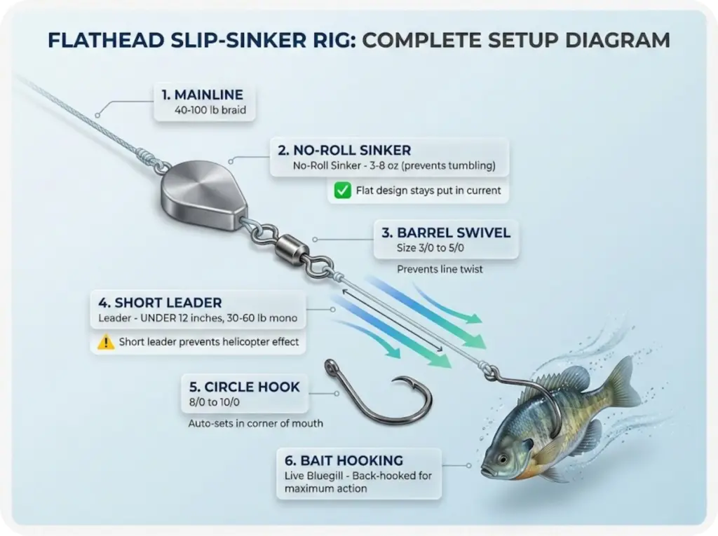 Step-by-step flathead slip-sinker rig diagram showing no-roll sinker, swivel, short leader, circle hook, and bait hooking position with component specifications.