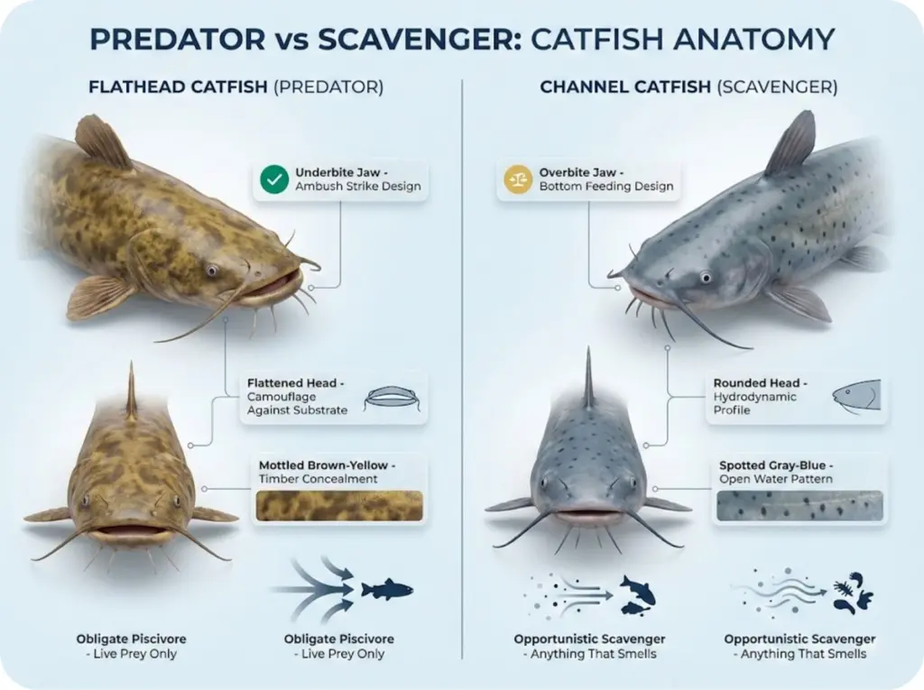 Side-by-side comparison of flathead and channel catfish head anatomy showing jaw structure, skull shape, and camouflage pattern differences.