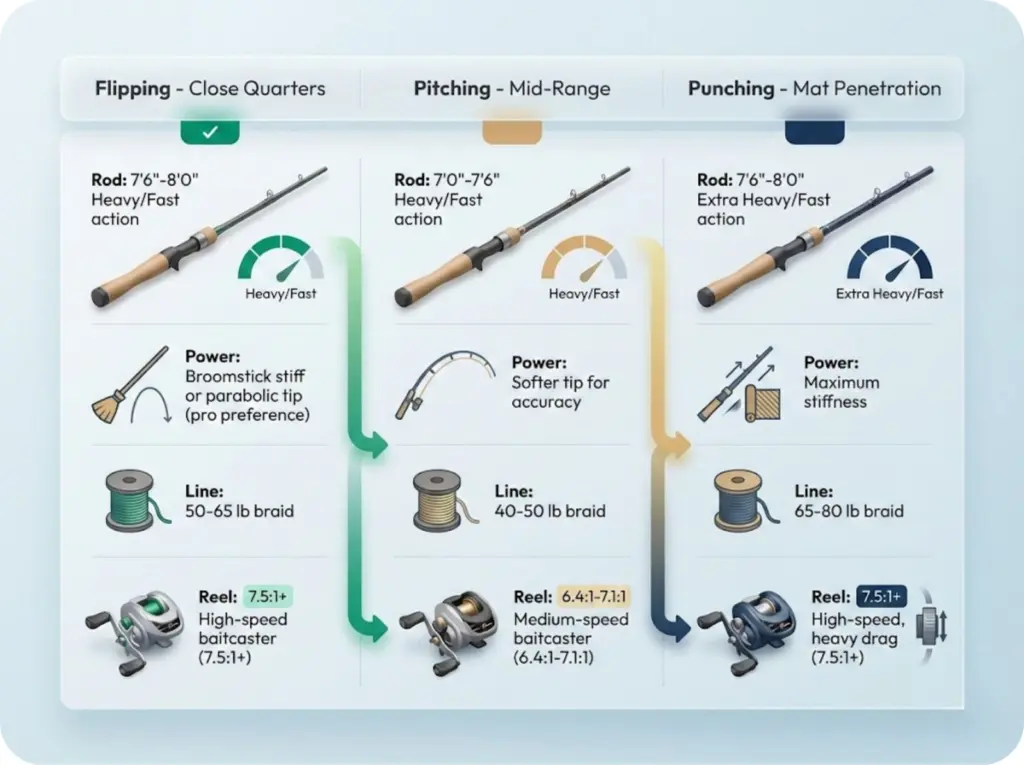 Gear matrix showing rod length and power combinations matched to flipping, pitching, and punching techniques with line type pairings.