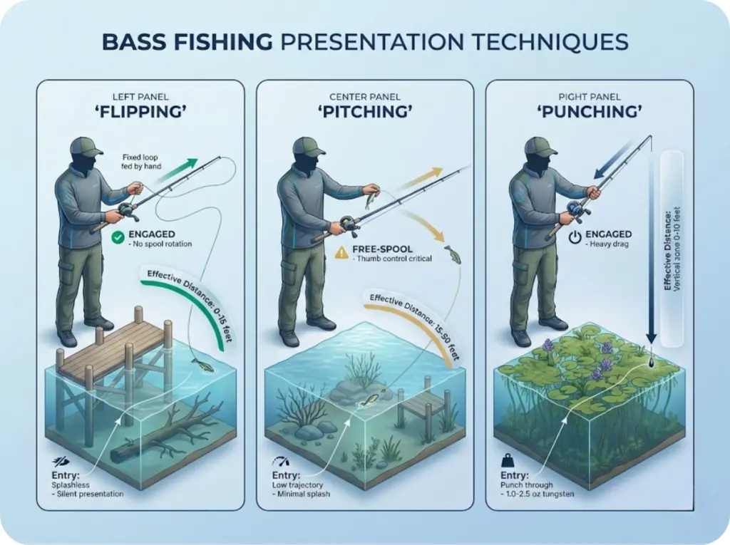Side-by-side comparison of flipping, pitching, and punching techniques showing angler positions, line paths, reel status, effective distances, and ideal cover types.