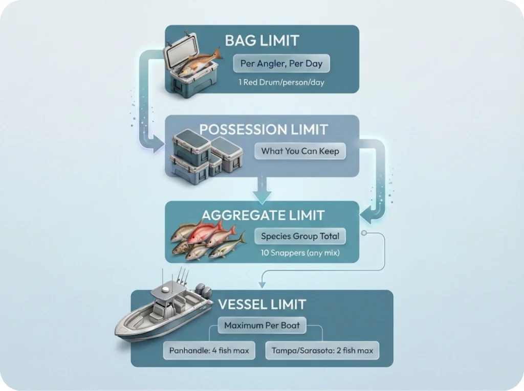 Educational flowchart showing the four-tier fishing regulation hierarchy from bag limit to vessel limit, illustrated with Florida Red Drum examples.