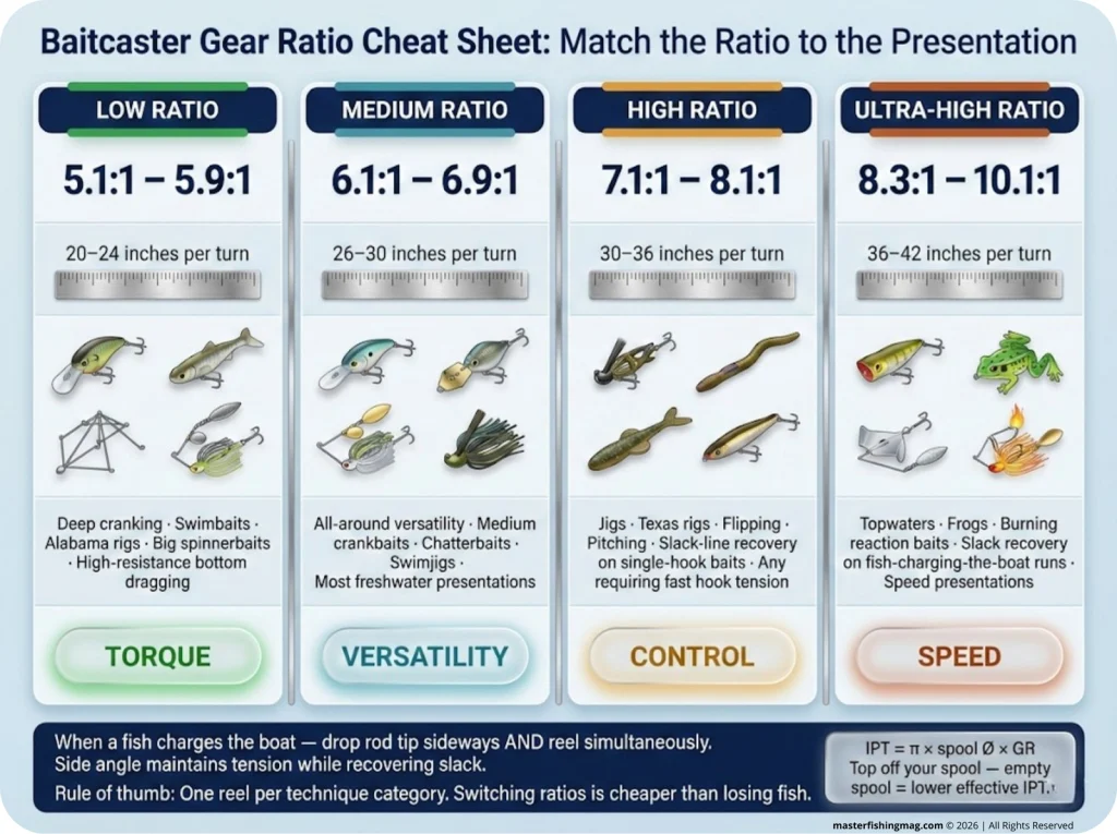 Four-column baitcasting gear ratio cheat sheet infographic covering Low, Medium, High, and Ultra-High ratios with ratio range, IPT range, lure silhouettes, technique names, and one-word advantage tags.