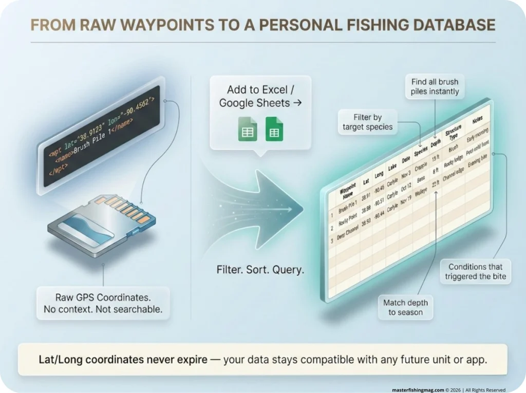Annotated infographic showing how a raw GPX fish finder export transforms into a searchable fishing database spreadsheet with columns for species, depth, structure, and conditions.
