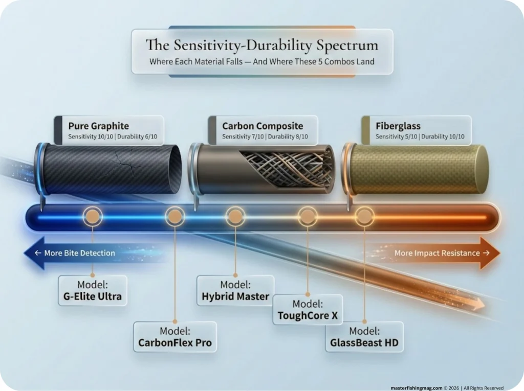 Horizontal sensitivity-durability spectrum comparing graphite, carbon composite, and fiberglass rods with 5 ultralight spinning combos plotted on the scale.