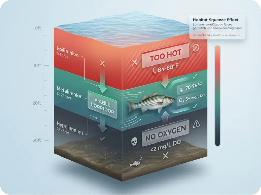 Infographic showing habitat squeeze effect on striped bass, compressed between hot surface water and oxygen-depleted bottom layer during summer stratification.