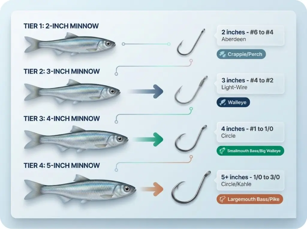 Visual hook-to-minnow sizing chart showing minnow silhouettes at 2, 3, 4, and 5 inches paired with correctly proportioned hooks and target species.