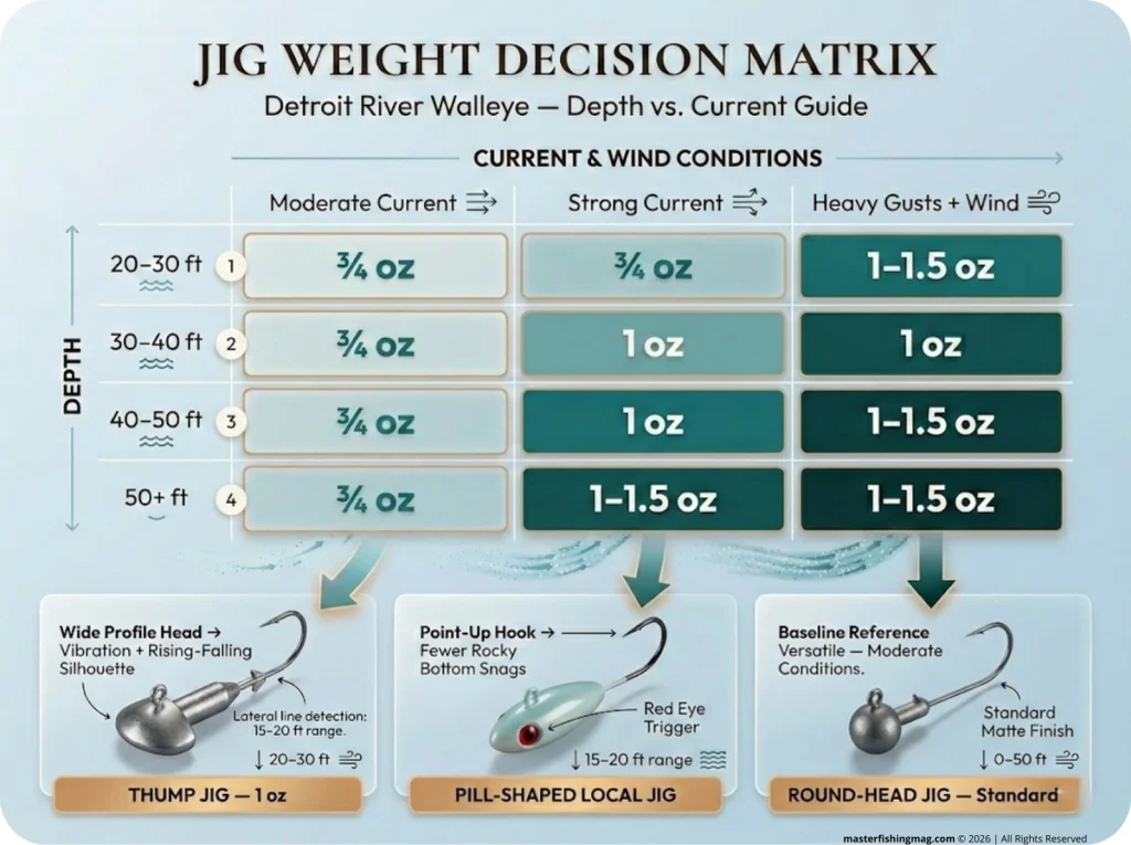 Jig weight decision matrix infographic for walleye fishing showing depth (20–50 ft) vs. current/wind conditions with Thump, pill-shaped, and round-head jig silhouettes compared.