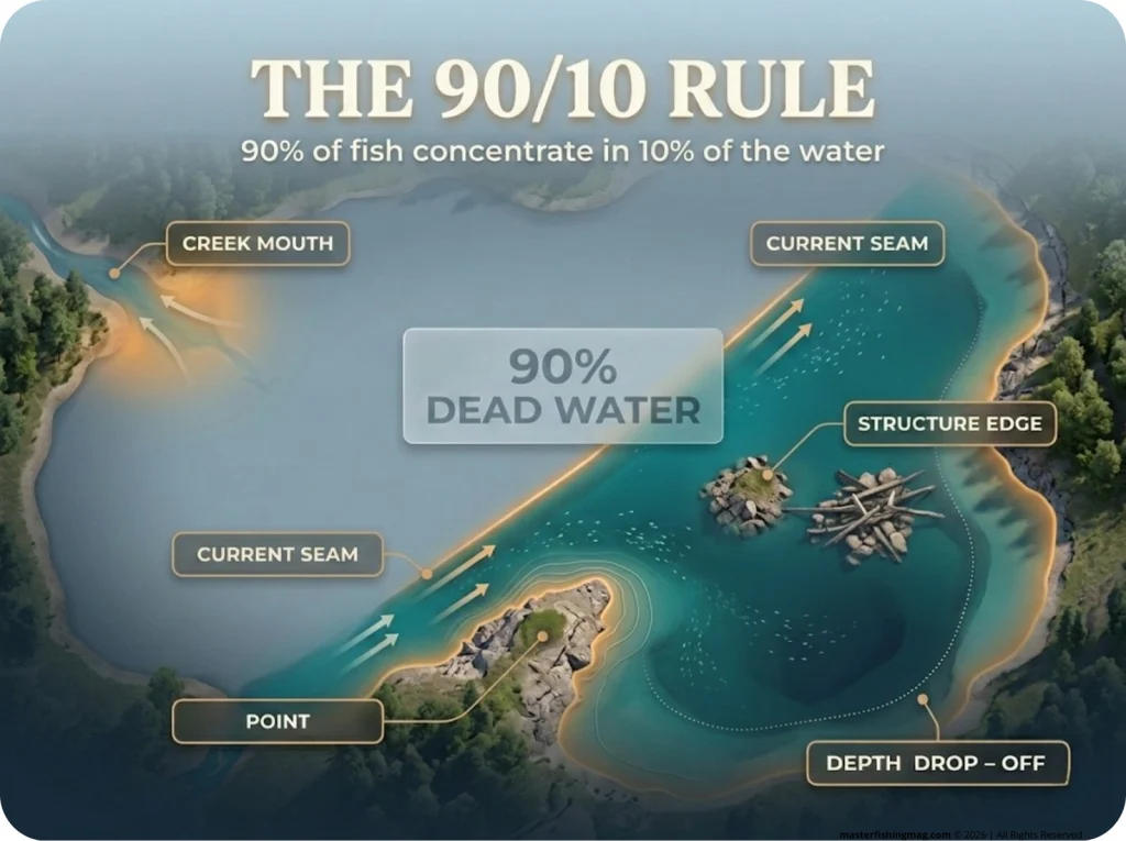 Lake overhead infographic showing the 90/10 rule: 10% productive fishing zones (creek mouths, current seams, points, structure edges) highlighted with callout labels.