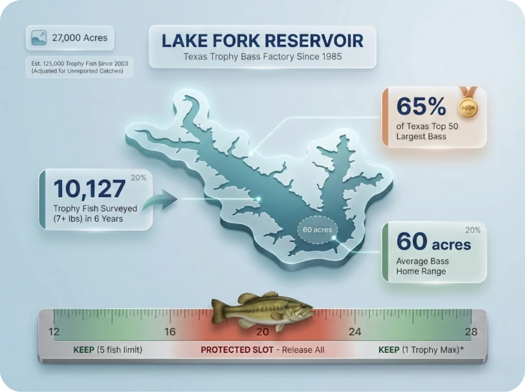 Lake Fork Reservoir map showing 27,000-acre boundary with trophy bass statistics, protected slot limit details, and 60-acre bass home range visualization.