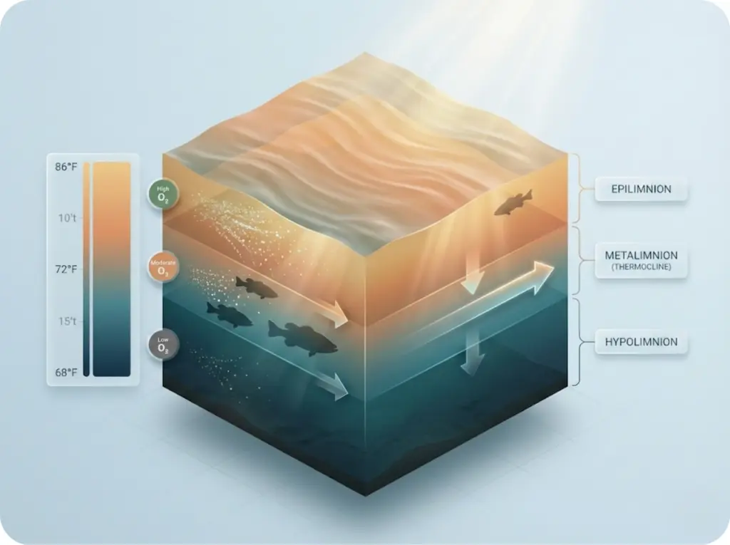 Cross-section infographic showing summer lake stratification with epilimnion, metalimnion, thermocline, and hypolimnion layers, including temperature gradients and fish positioning.