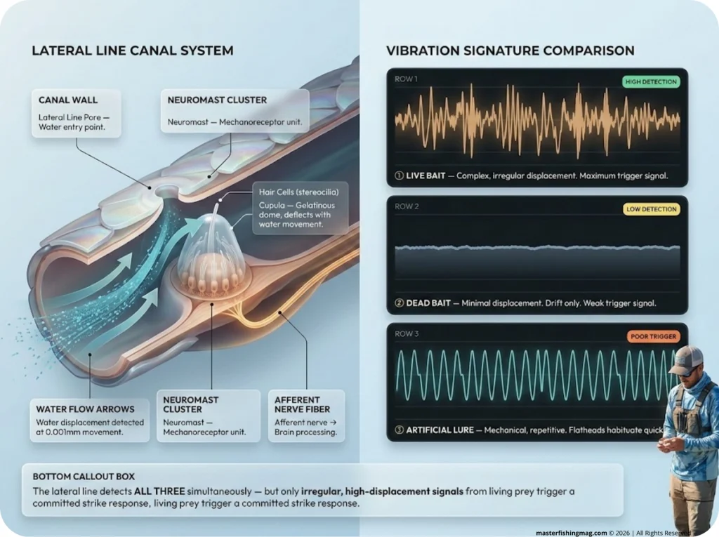 Scientific cross-section infographic of the fish lateral line canal showing neuromasts and hair cells, with a side-by-side vibration signature comparison between live bait, dead bait, and artificial lure.