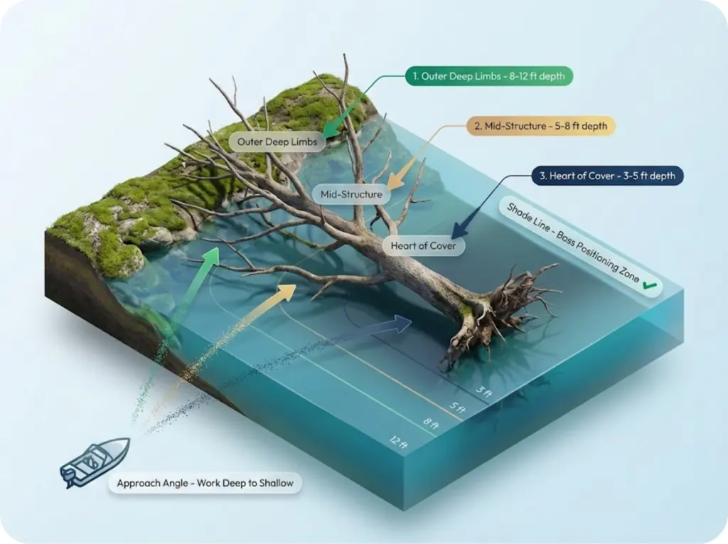 Bird's-eye view diagram of laydown tree showing outside-in casting strategy with numbered sequence, shade line, boat position, and depth contours.