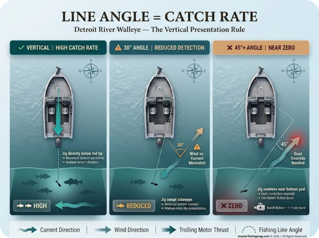 Overhead fishing diagram showing 3 line angle scenarios — vertical (high catch rate), 30° angle (reduced detection), and 45°+ (near zero) — with wind, current, and trolling motor direction arrows.