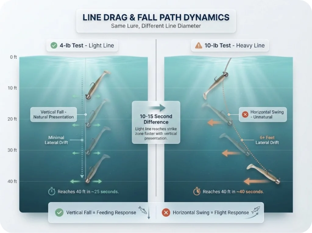 Split-screen underwater comparison showing identical Ned Rig falling on 4-lb test line versus 10-lb test line, illustrating vertical versus curved fall paths and fluid drag effects.