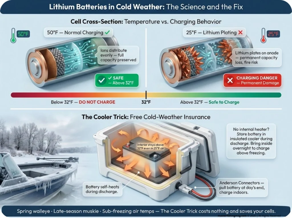 Two-panel infographic showing lithium cell cross-section with safe vs. dangerous charging temperatures and lithium plating, plus the Cooler Trick illustration with battery self-warming inside an insulated cooler.