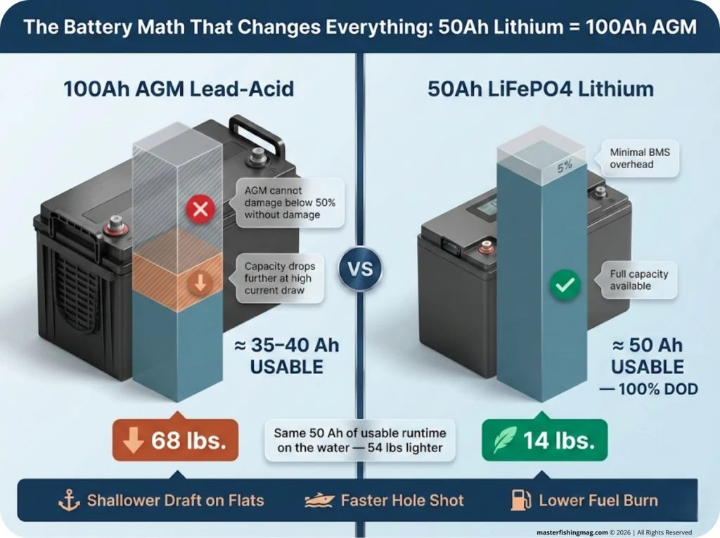 Side-by-side infographic comparing a 100Ah AGM battery with hidden capacity losses stripped away versus a 50Ah LiFePO4 lithium battery showing full usable amp-hours, with weight callout of 68 lbs vs 14 lbs.