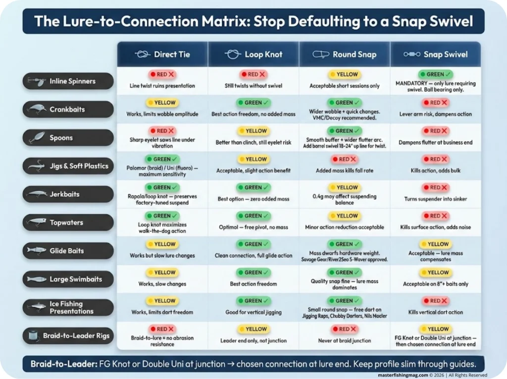 Color-coded decision matrix infographic matching 10 lure categories to four connection types — Direct Tie, Loop Knot, Round Snap, and Snap Swivel — with green checkmarks, yellow acceptable, and red X ratings plus hardware brand recommendations.