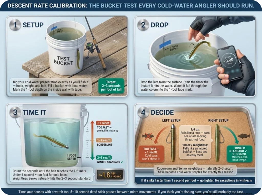 Four-panel step-by-step infographic showing the lure descent rate bucket test — rigged lure beside a bucket, lure dropped with timer, lure at midpoint with elapsed time overlay, and angler choosing between a quarter ounce Too Fast weight and an eighth ounce Winter Standard weight.
