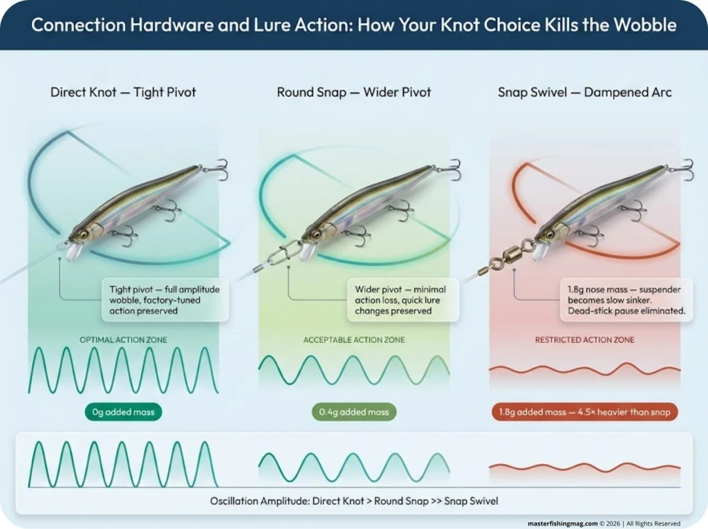 Three-panel infographic comparing lure oscillation arcs for a direct knot, round snap, and snap swivel connection, with amplitude curves and color-coded optimal versus restricted action zones.