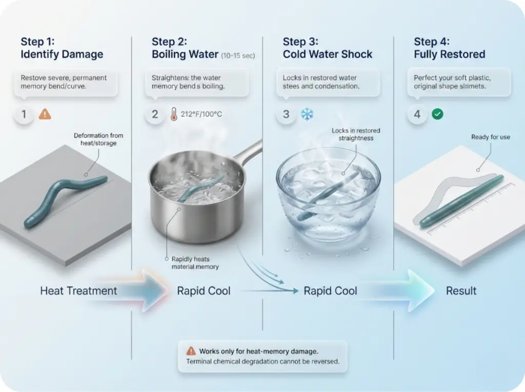 Four-step photo sequence demonstrating soft plastic bait restoration: bent lure, boiling water treatment, cold water quench, and final straightened result.