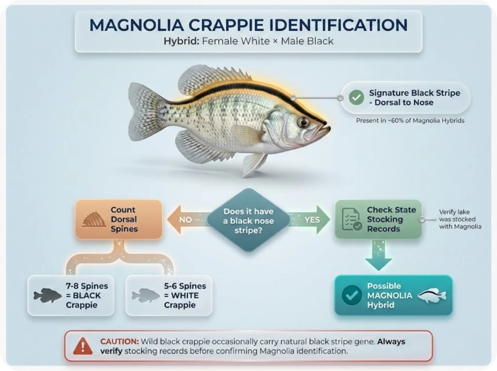 Magnolia crappie identification guide showing signature black nose stripe and 3-step visual decision tree for field identification.